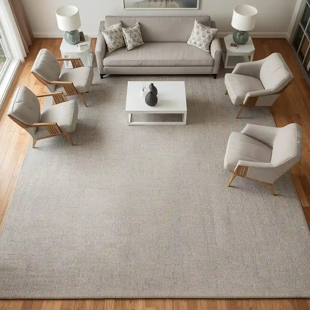 Large area rug defining the seating area in a spacious living room