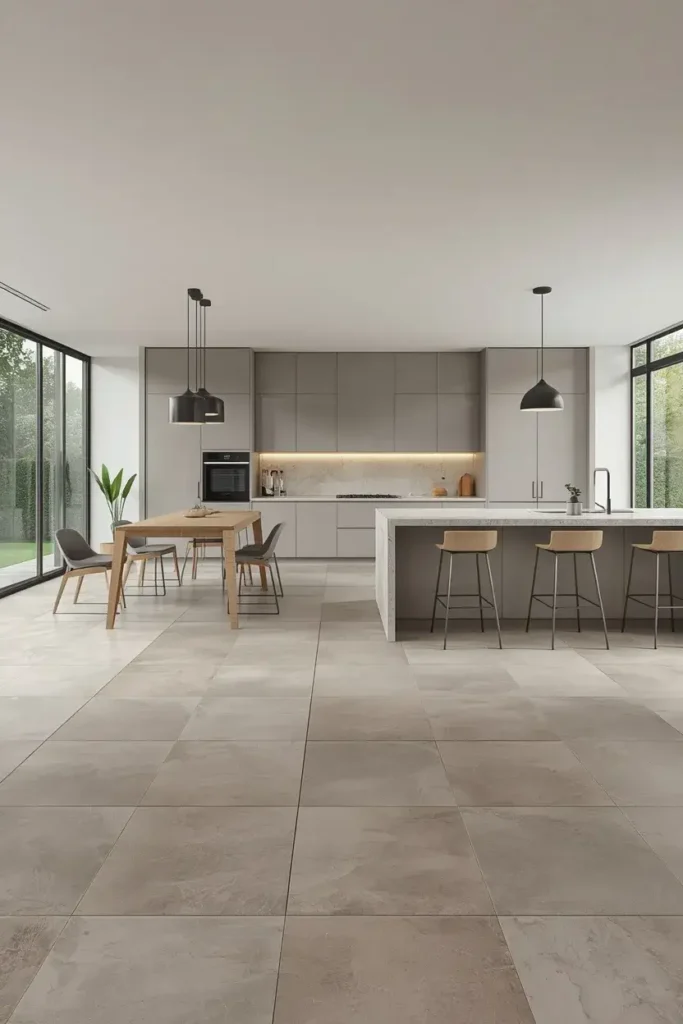  Large format kitchen tile floor with minimal grout lines, modern cabinets, and a spacious island.