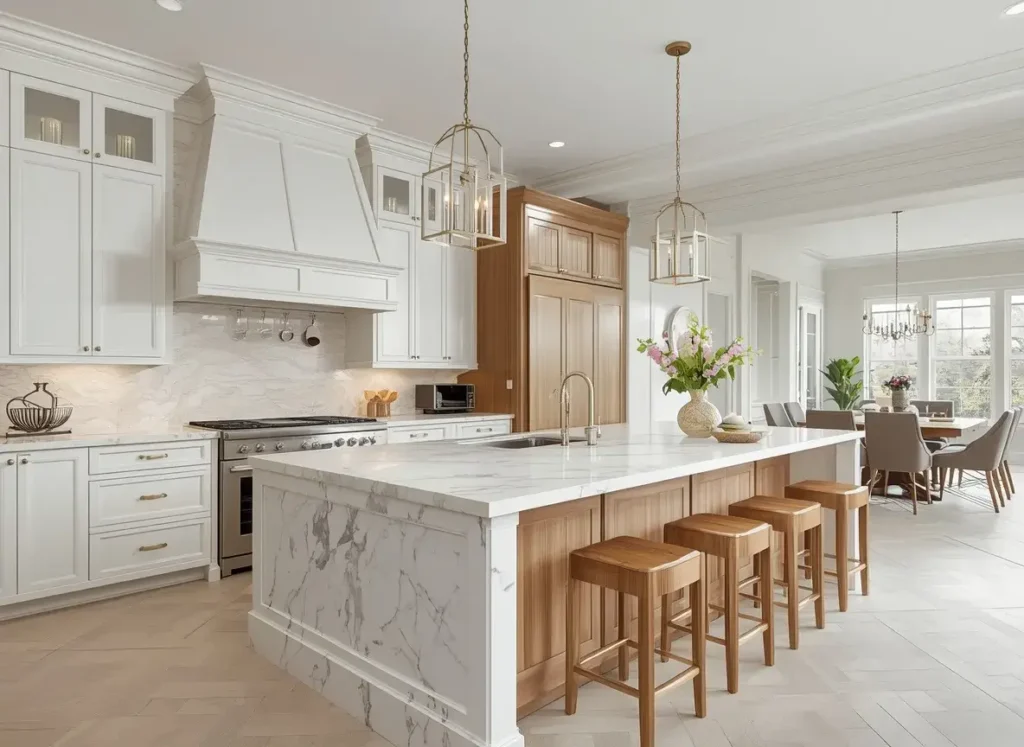Large kitchen island with sink and spacious food preparation area