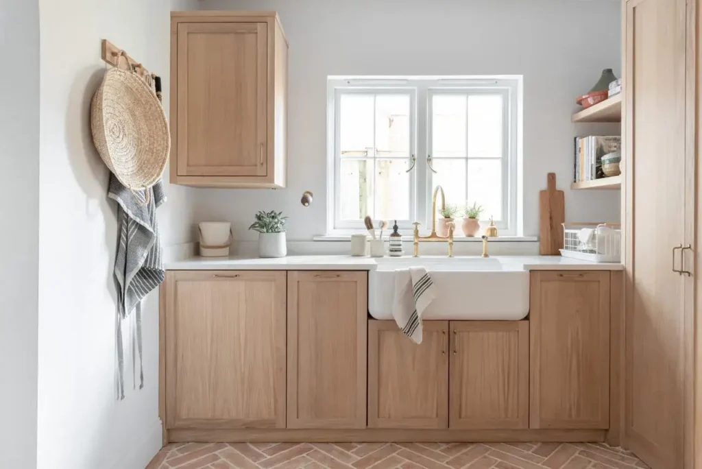 Laundry room with a deep white utility sink, brass faucet, and wooden cabinetry.