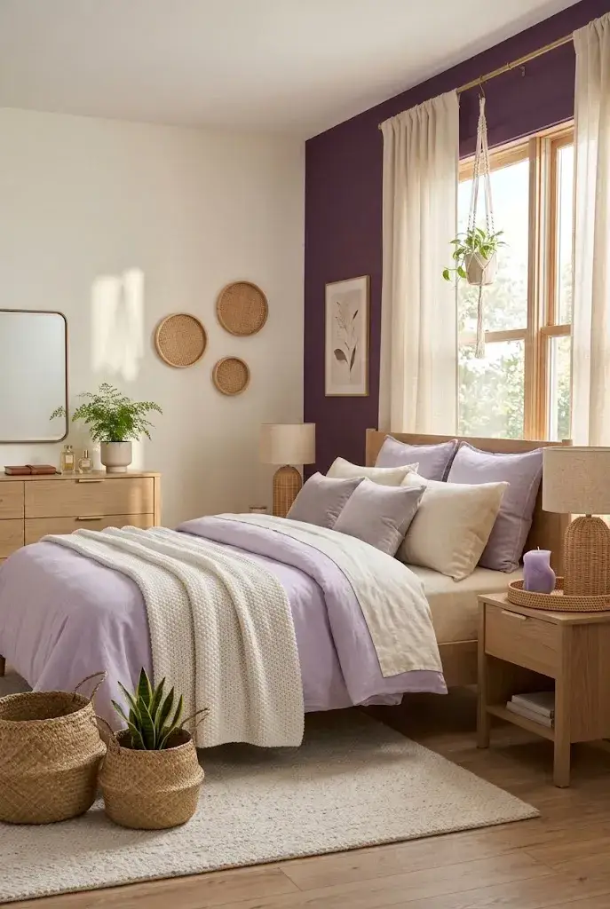 Lavender bedroom with natural wood furniture, woven baskets, and soft neutral textiles.