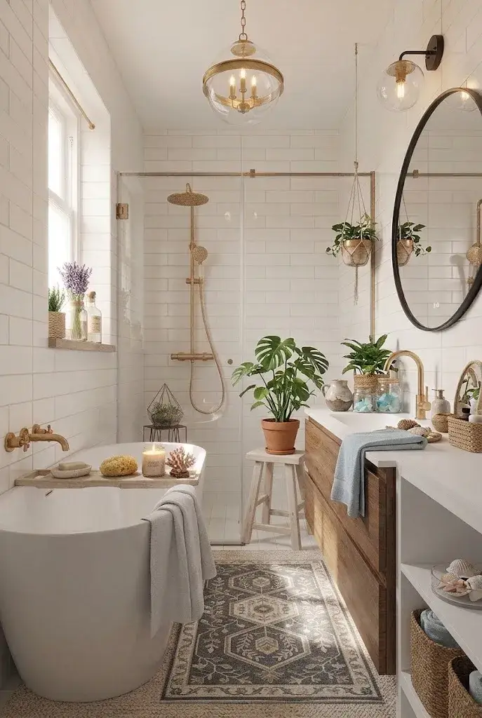 Layered bathroom rugs creating a warm and cozy bathroom