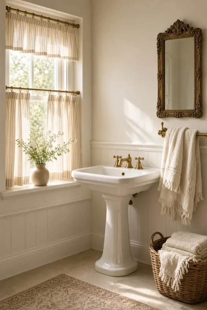 Layered cafe curtain and valance decorating a traditional bathroom window