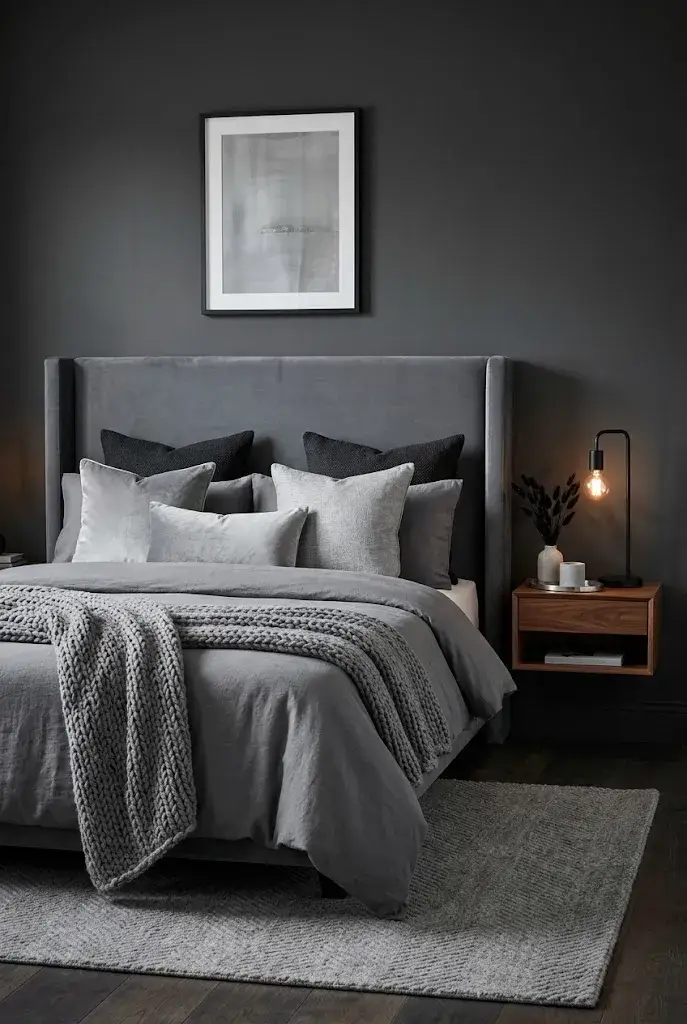 Layered gray bedroom featuring charcoal walls, slate bedding, soft gray textures, and sophisticated modern decor.