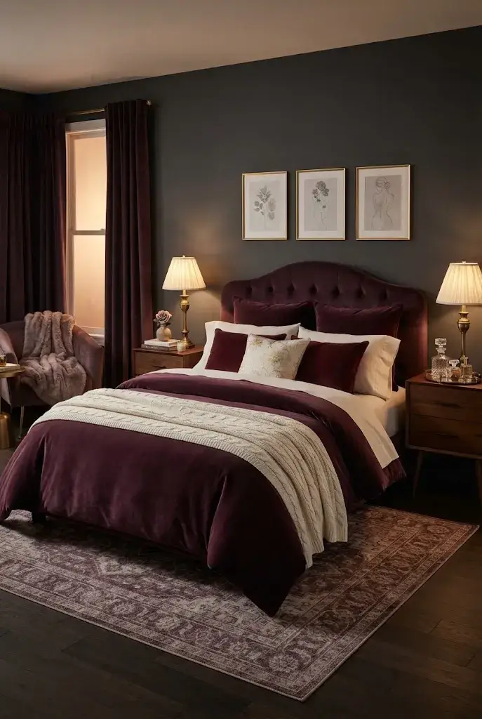 Layered velvet bedding in plum and burgundy creating a soft feminine bedroom.