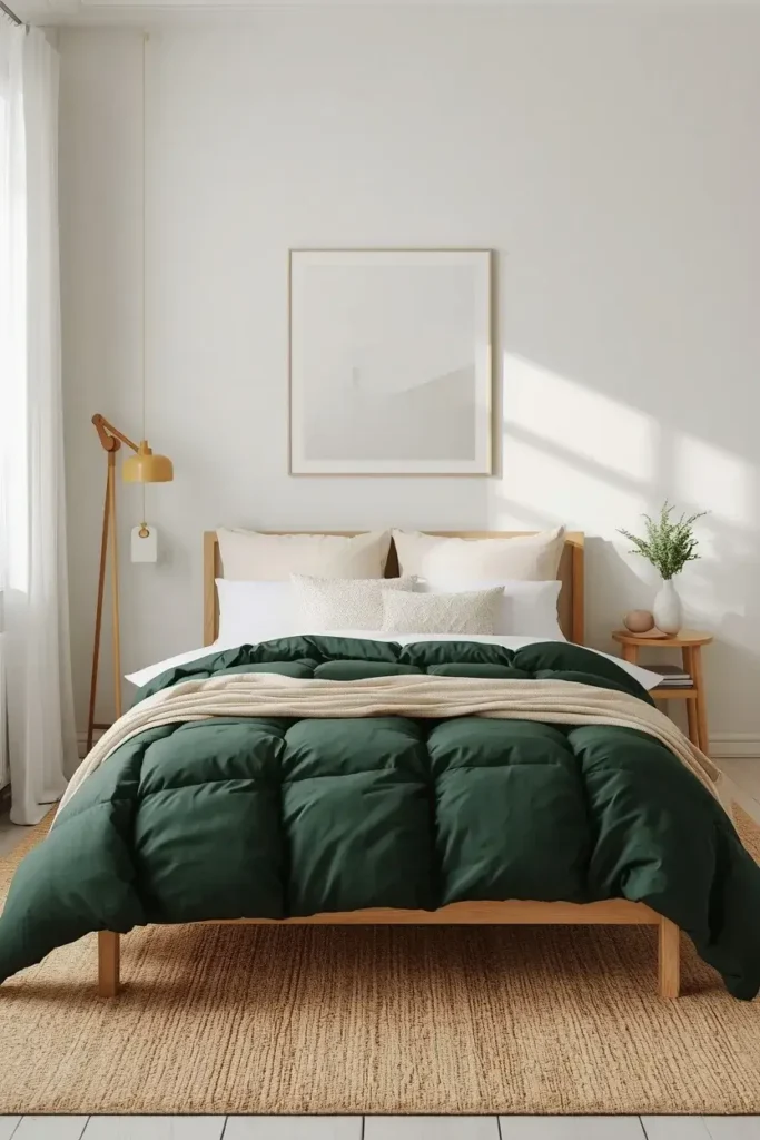 Light bedroom featuring a dark green duvet, cream pillows, natural wood furniture, and cozy textures.