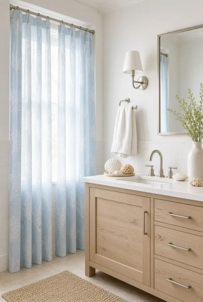 Light blue privacy curtains creating a calm coastal bathroom atmosphere