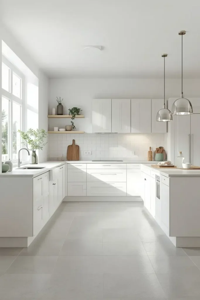  Light gray kitchen tile floor with white cabinets, pale wood accents, and natural daylight.
