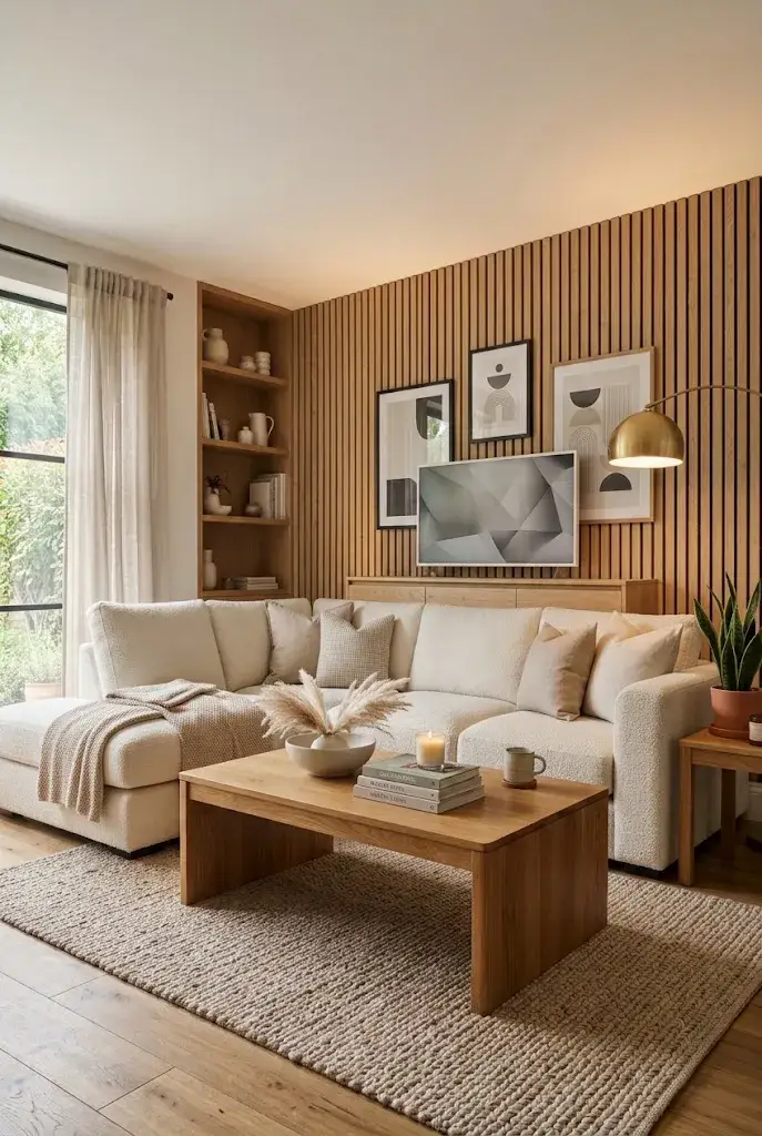Light oak wood slat accent wall behind a cream sofa in a modern living room