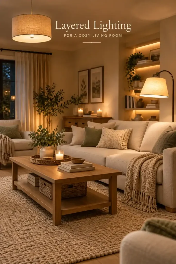 Living room combining a floor lamp with warm ceiling lighting for layered illumination.