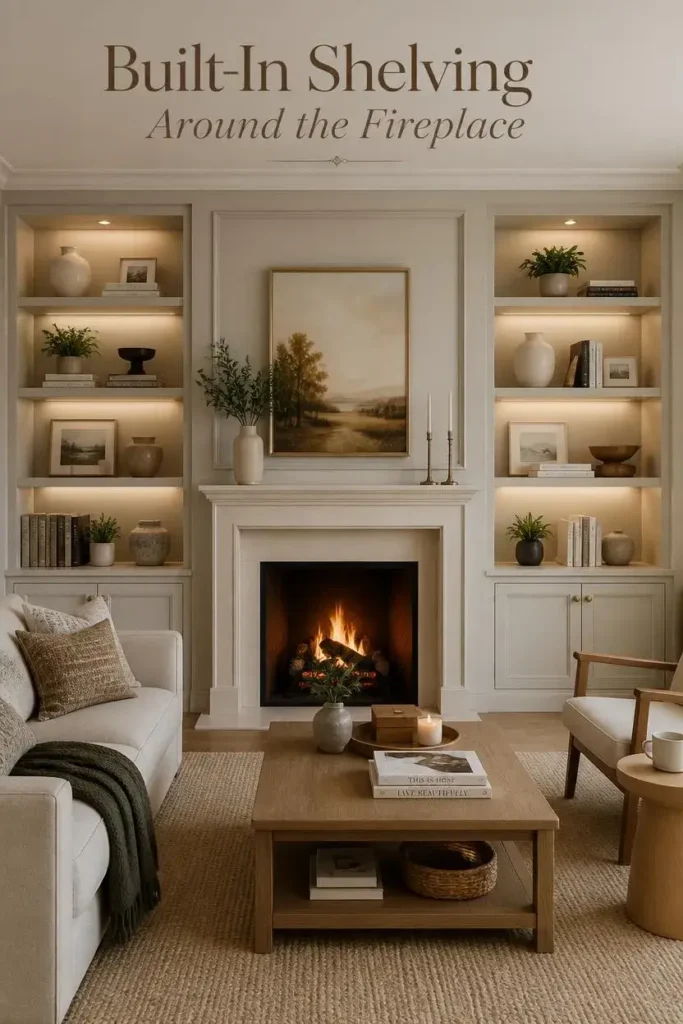 Living room fireplace framed by symmetrical built-in shelves decorated with books, pottery, plants, and artwork.