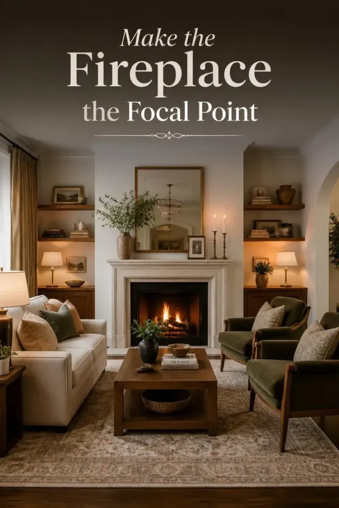 Living room seating arranged around a fireplace to create a cozy and balanced central focal point.