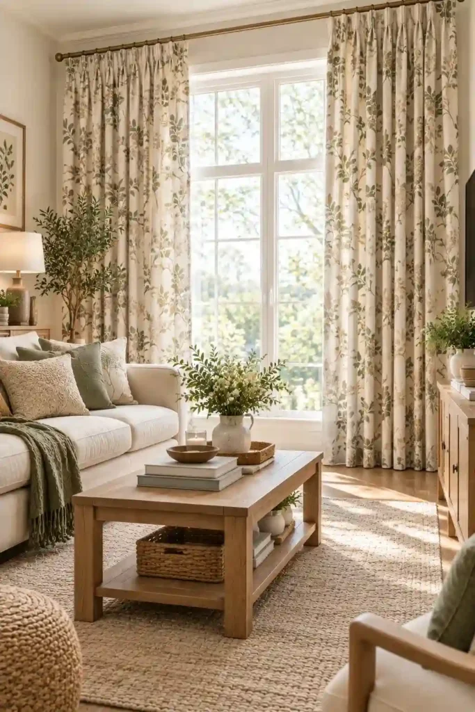 Living room with botanical patterned curtains, neutral furniture, and natural green accents.