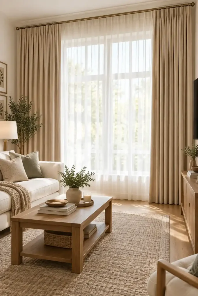 Living room with layered white sheer and beige blackout curtains around large windows.
