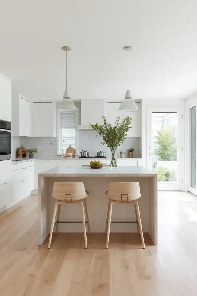 Low-back bar stools tucked beneath a kitchen island in an open spacious layout.