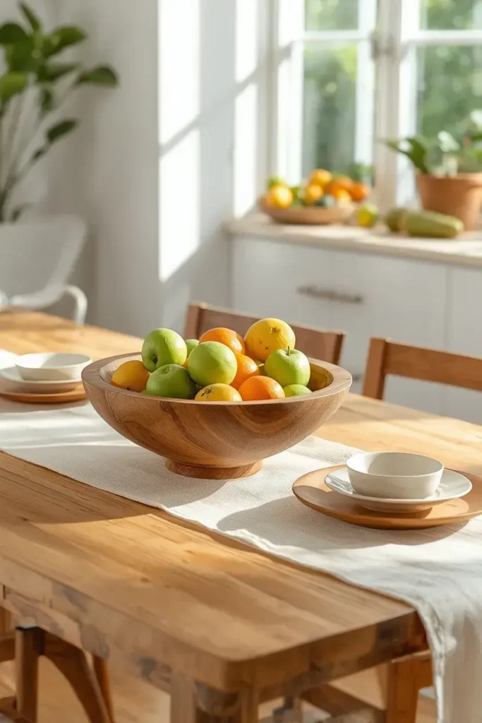 Low wooden bowl filled with colorful fresh fruit as a practical table centerpiece.