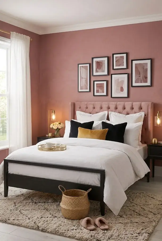 Luxurious bedroom with a blush pink velvet headboard and black furniture.
