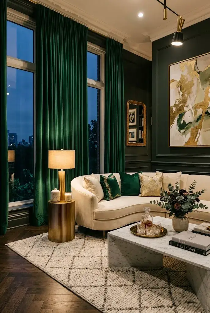 Luxurious living room with emerald velvet curtains, cream furniture, and elegant gold accents.