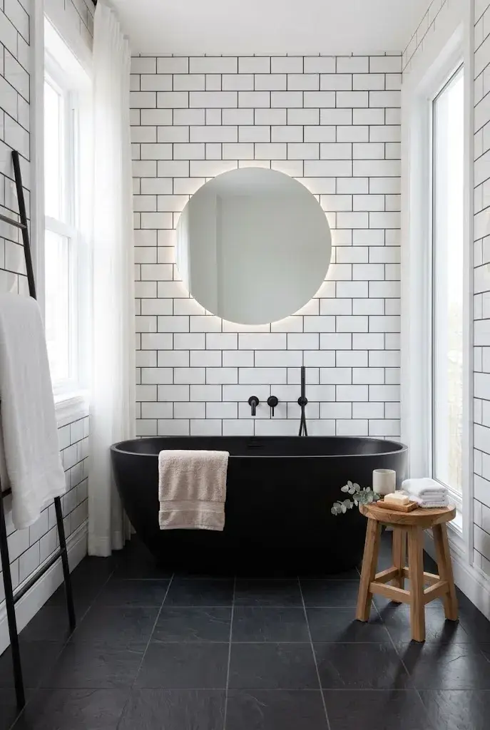 Luxury bathroom featuring a matte black freestanding bathtub against bright white walls.