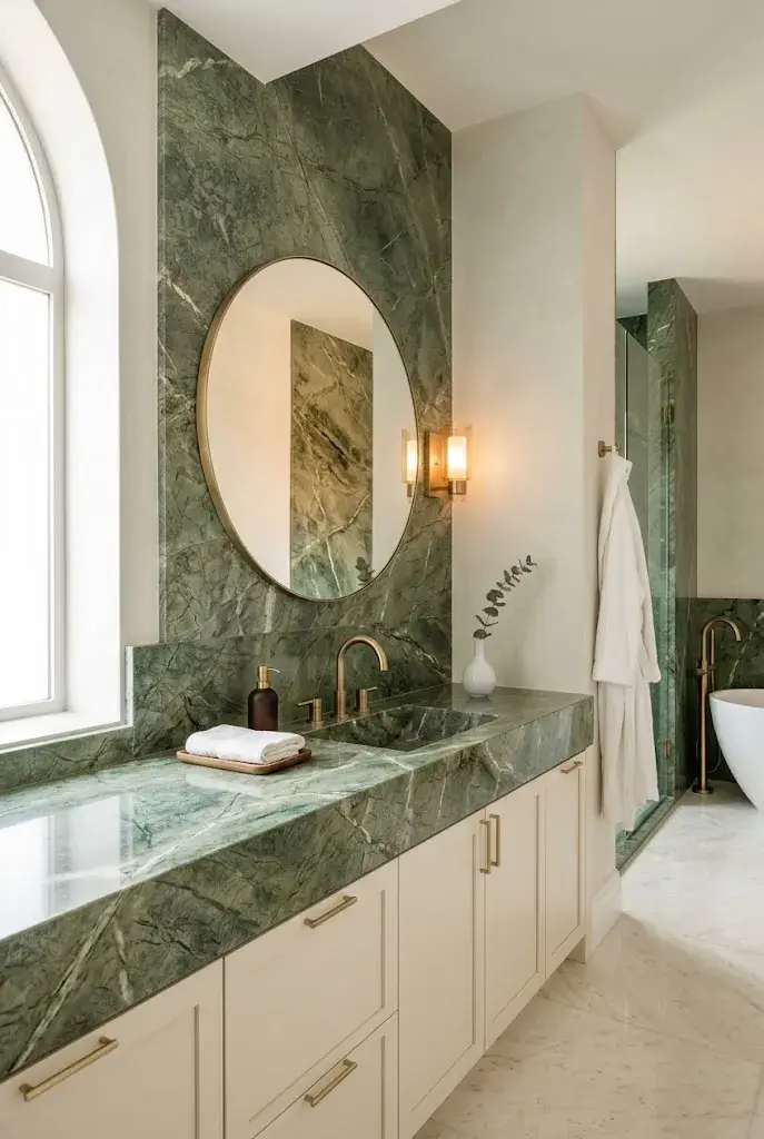 Luxury bathroom featuring green marble with white veining, cream cabinetry, brass fixtures, and warm lighting.