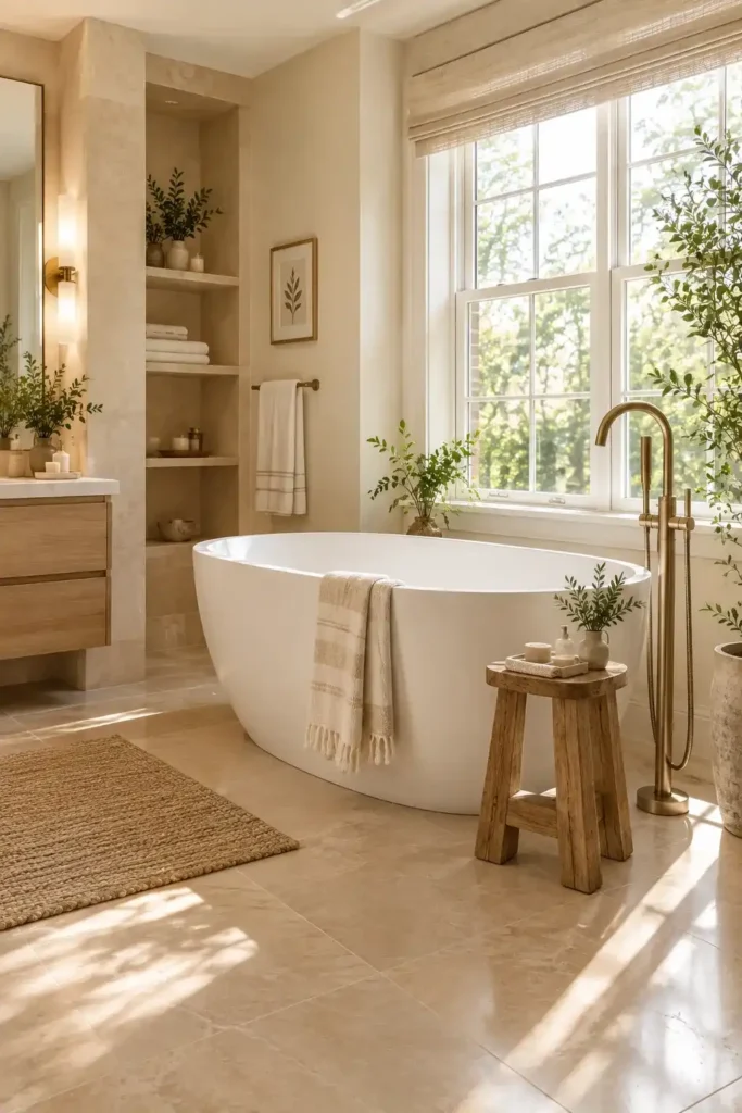 Luxury bathroom with freestanding white bathtub, brass fixtures, natural wood stool, and soft sunlight.