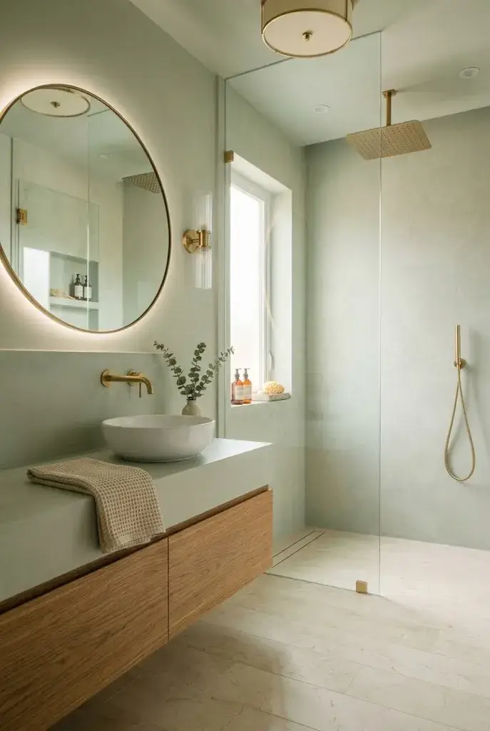 Luxury bathroom with freestanding white bathtub, brass fixtures, natural wood stool, and soft sunlight.