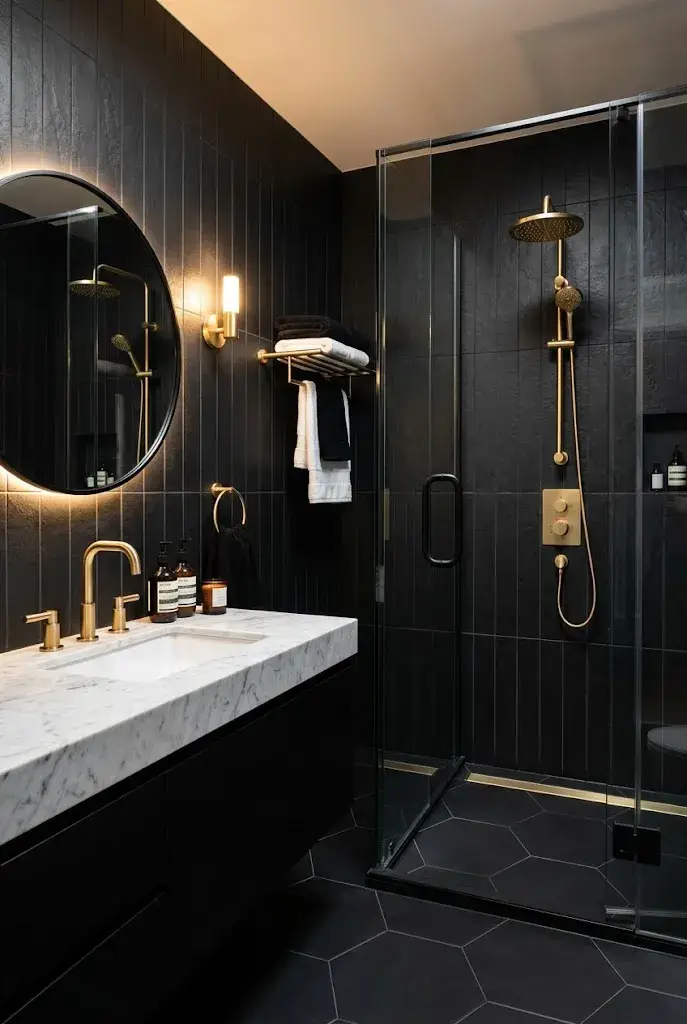 Luxury black bathroom featuring brushed gold faucets, shower fixtures, and elegant dark tiles.