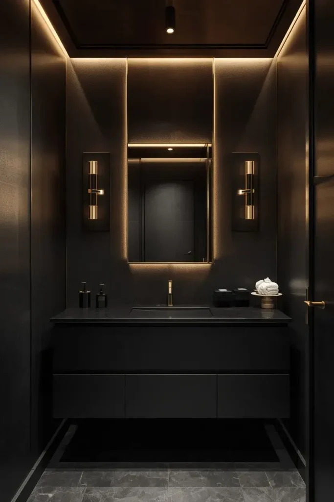 Luxury black bathroom with warm wall sconces, illuminated mirror, and elegant gold fixtures.