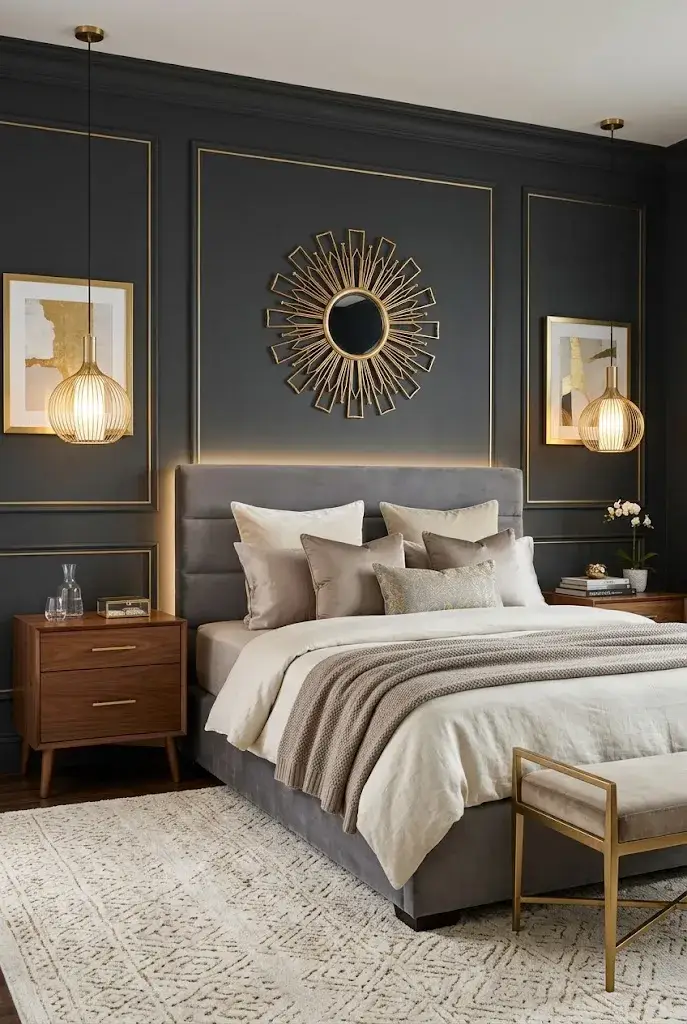 Luxury dark gray bedroom decorated with elegant gold accents, cream bedding, and warm ambient lighting.