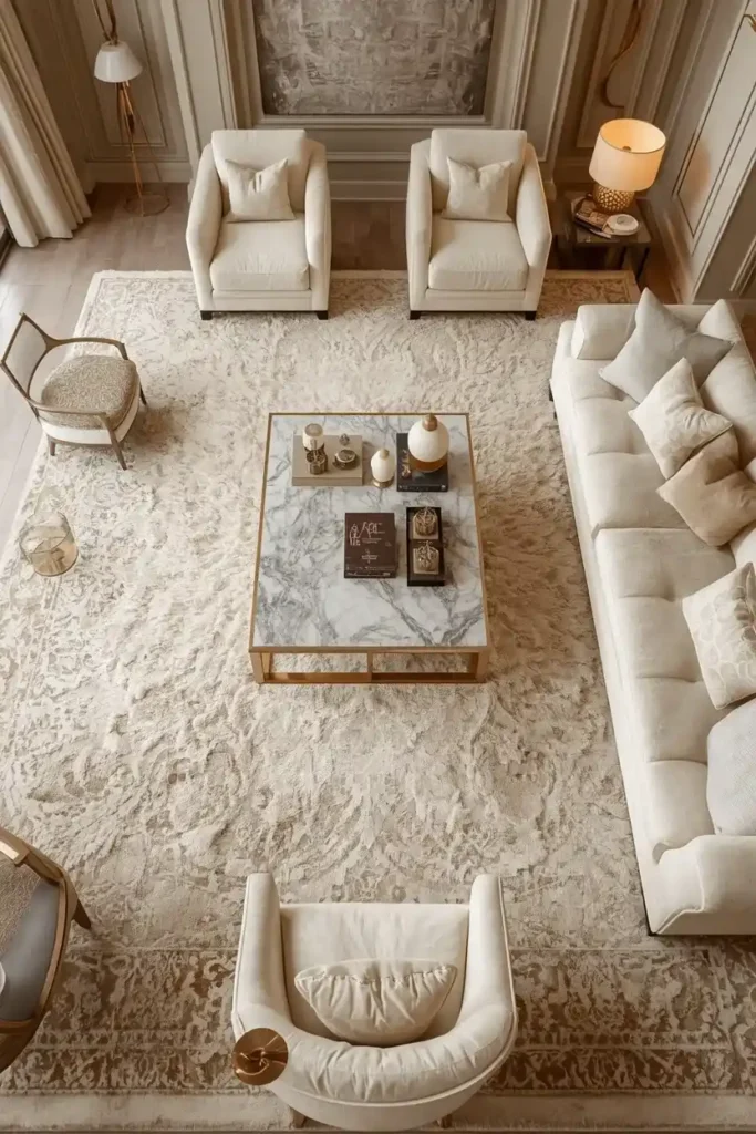 Luxury living room with a large neutral statement rug under the seating area