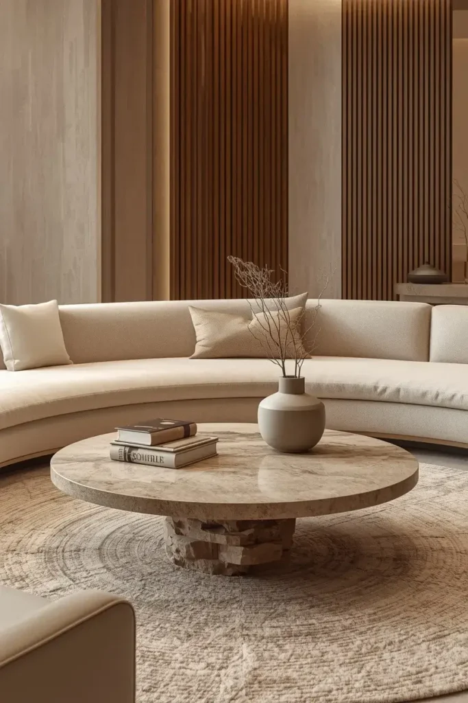 Luxury living room with a sculptural rounded stone coffee table