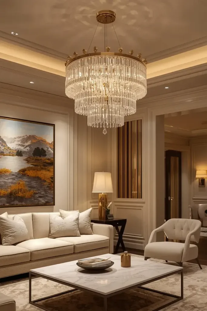 Luxury living room with a statement crystal chandelier and warm lighting