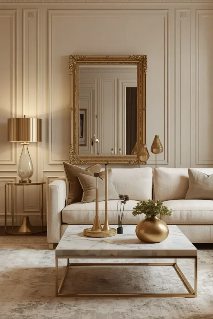 Luxury living room with a warm taupe paneled accent wall