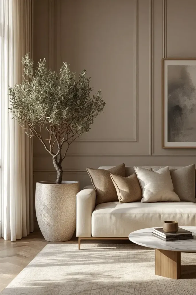 Luxury living room with elegant greenery and a tall olive tree in a stone planter