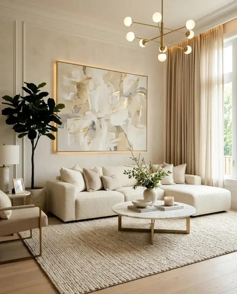 Luxury living room with elegant neutral decor, marble table, chandelier, and plush sofa