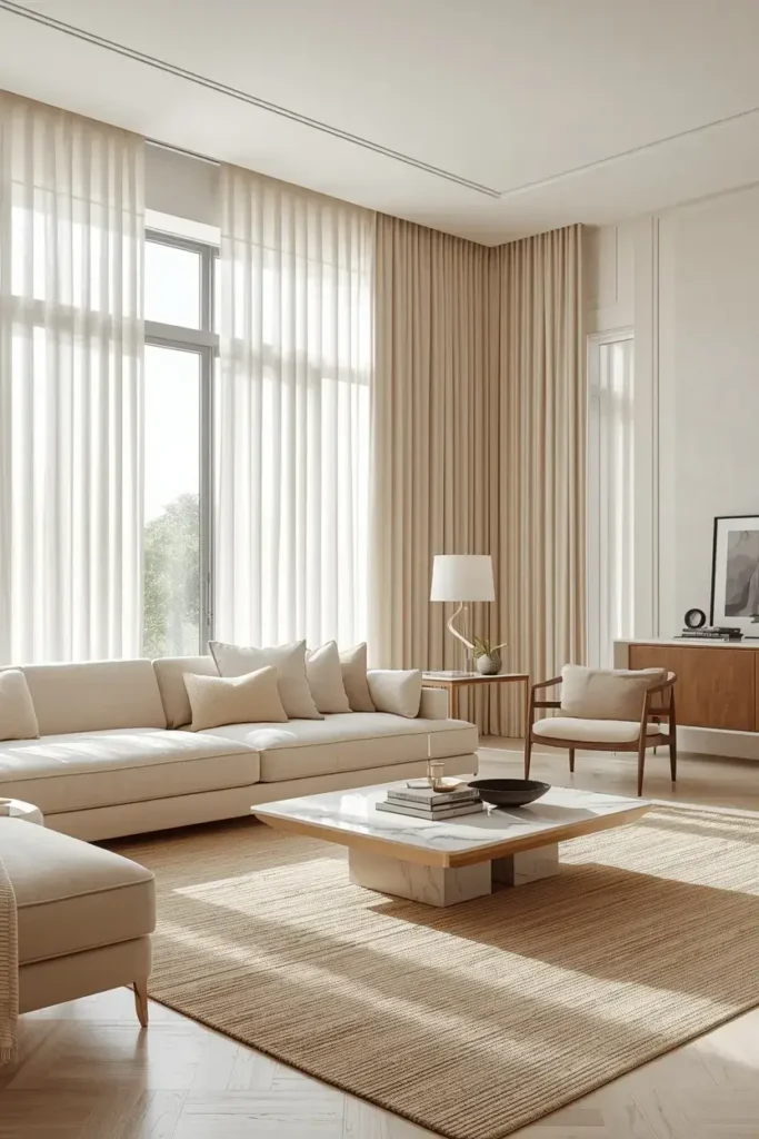Luxury living room with floor-to-ceiling ivory linen curtains