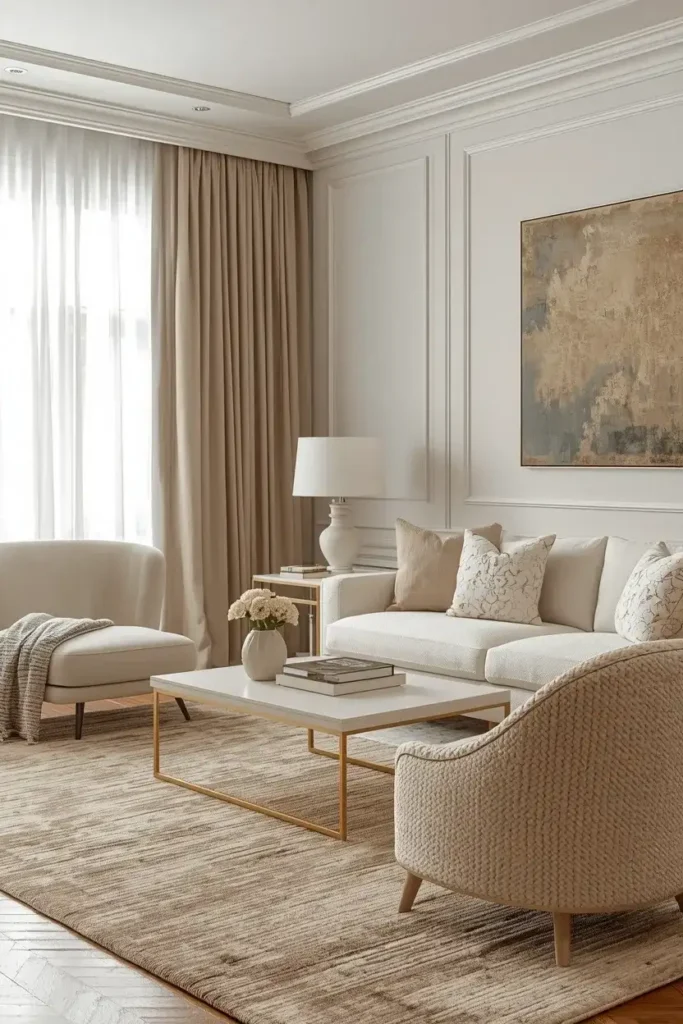 Luxury living room with layered ivory, cream, beige, and taupe neutral tones