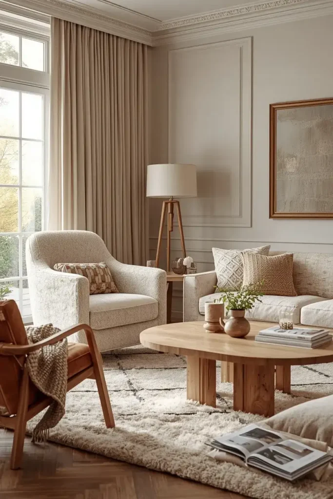 Luxury living room with layered velvet, boucle, linen, wool, and leather textures