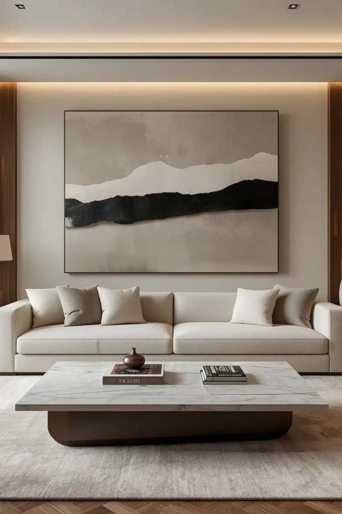Luxury living room with oversized neutral abstract artwork above a cream sofa