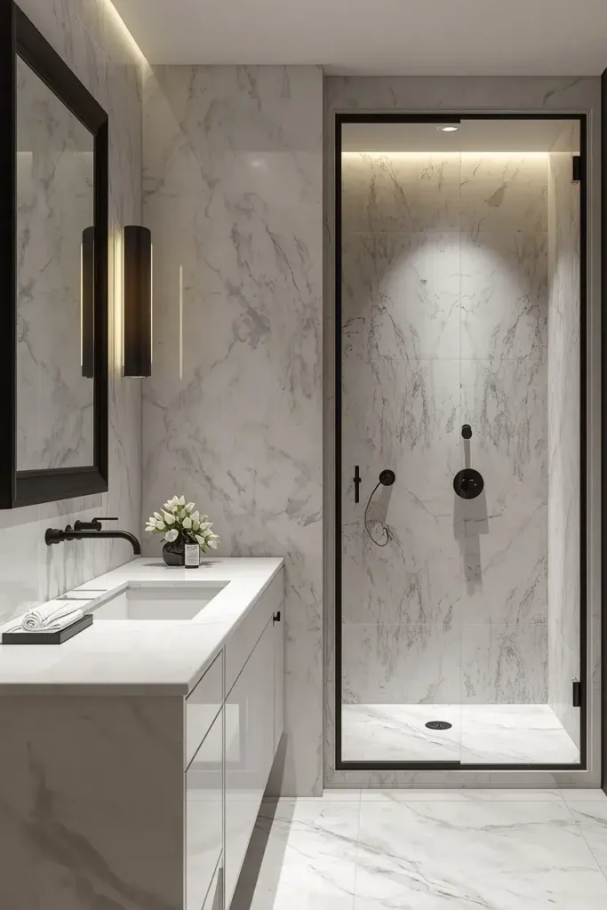 Luxury marble bathroom with white veined stone, black fixtures, and elegant modern details.
