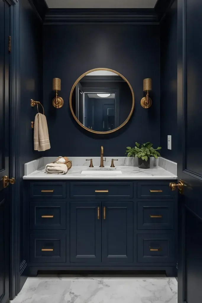 Luxury navy blue bathroom with warm brass fixtures, marble countertop, and brass-framed mirror.