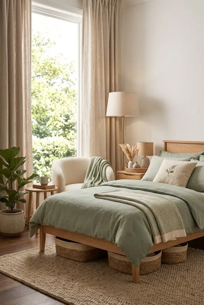 Master bedroom with sage green bedding, cream textures, and natural wood