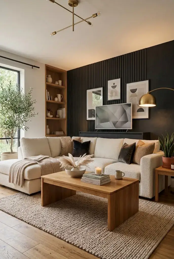 Matte black accent wall with cream sectional and walnut furniture in a modern living room