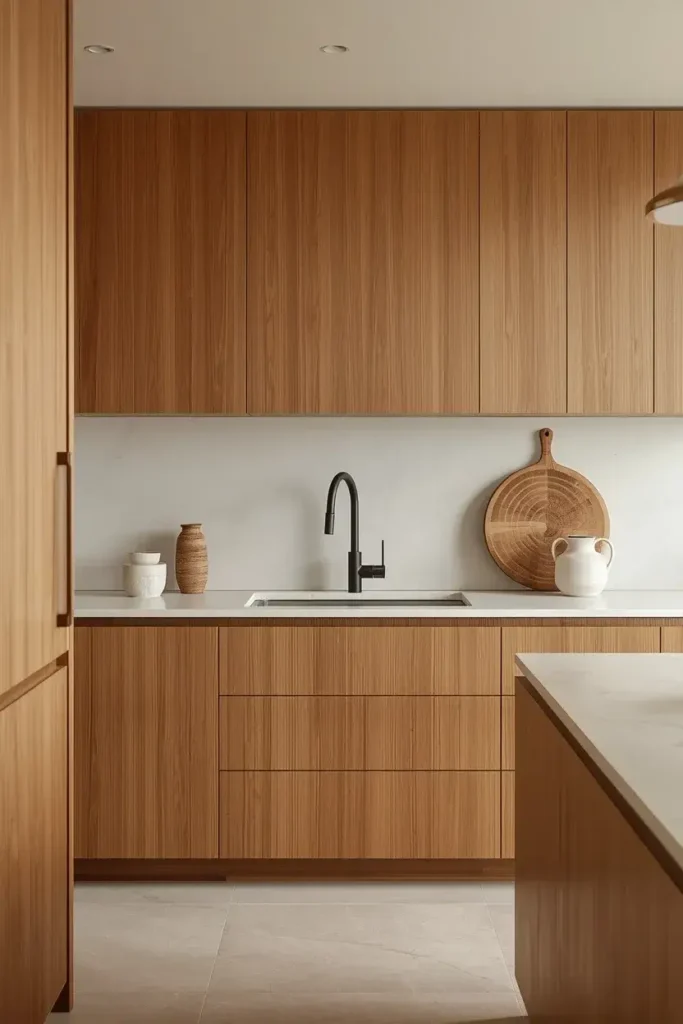  Matte black accents add subtle contrast to warm wood cabinetry in a Japandi kitchen.