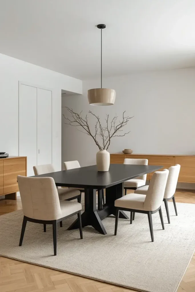 Matte black dining table styled as the focal point of a bright modern dining room.