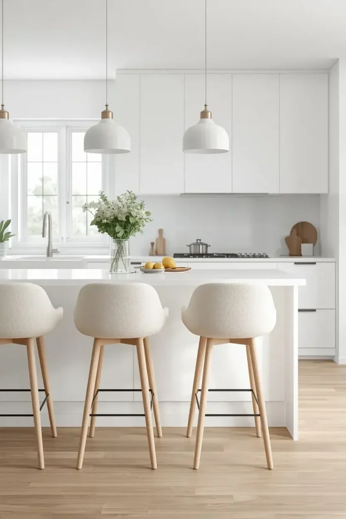 Minimal Scandinavian kitchen with cream bar stools and pale wood details.