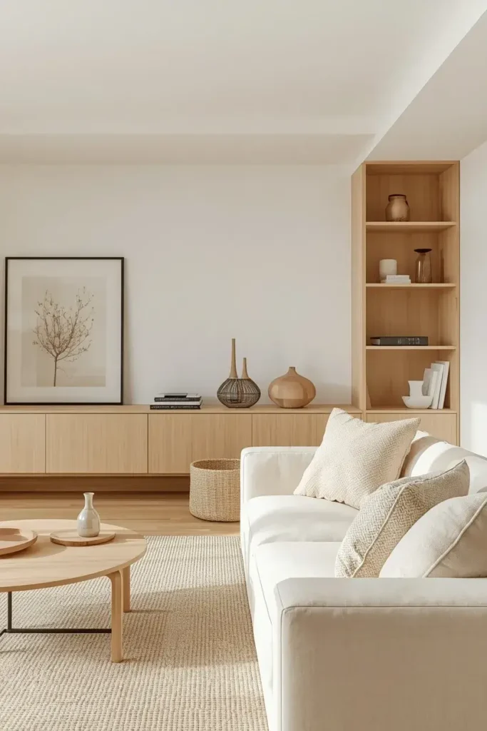 Minimalist Japandi living room decorated with meaningful ceramics, wood accents, and neutral artwork.