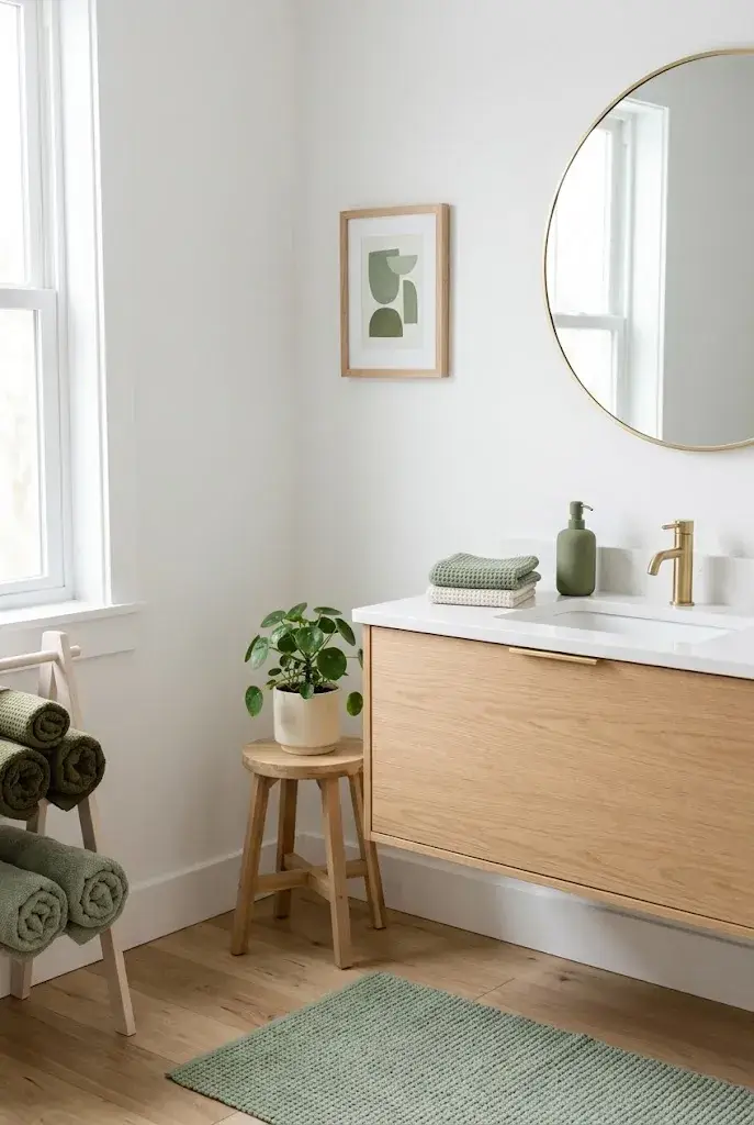 Minimalist bathroom decorated with sage and olive towels, green accessories, plants, and a light wood vanity.