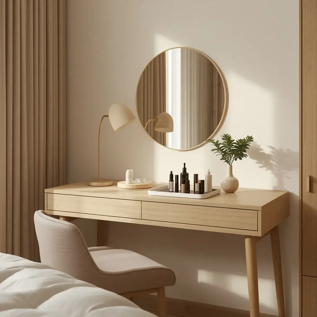 Minimalist bedroom vanity with light oak desk, round mirror, and simple decor.