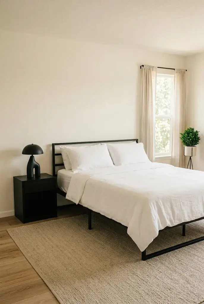 Minimalist bedroom with streamlined black furniture, white bedding, and uncluttered decor.